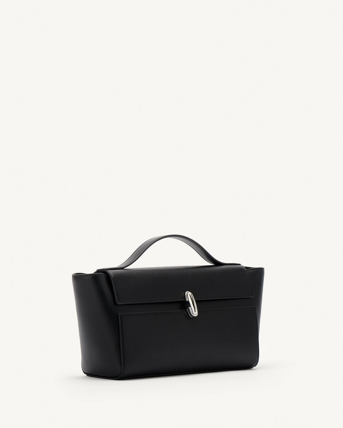 side view of a black leather bag with a silver clasp on a white background