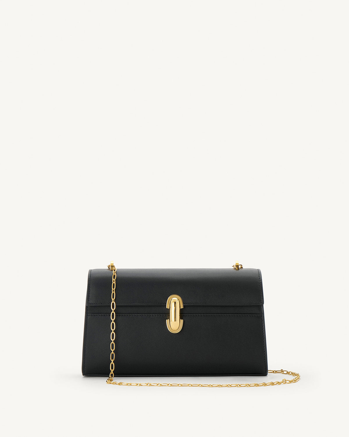 front view of black bag with gold clasp and gold chain on a white background