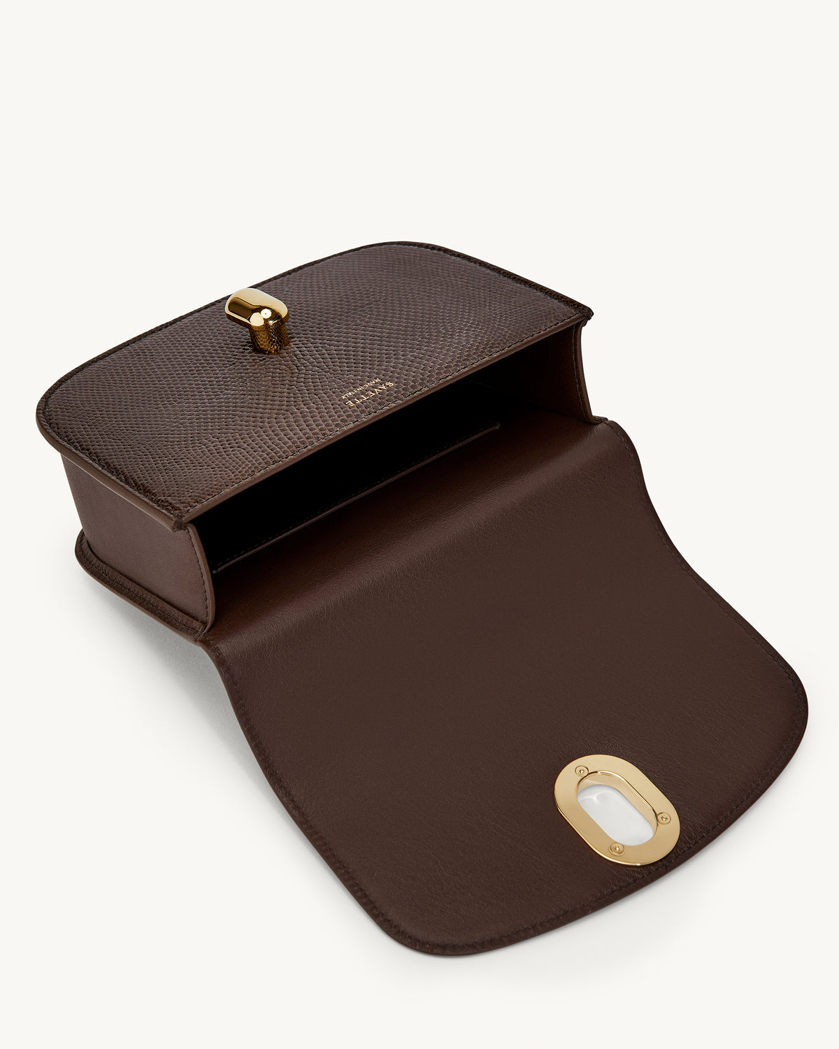 inside view of the Mini Tondo handbag in Coffee lizard 