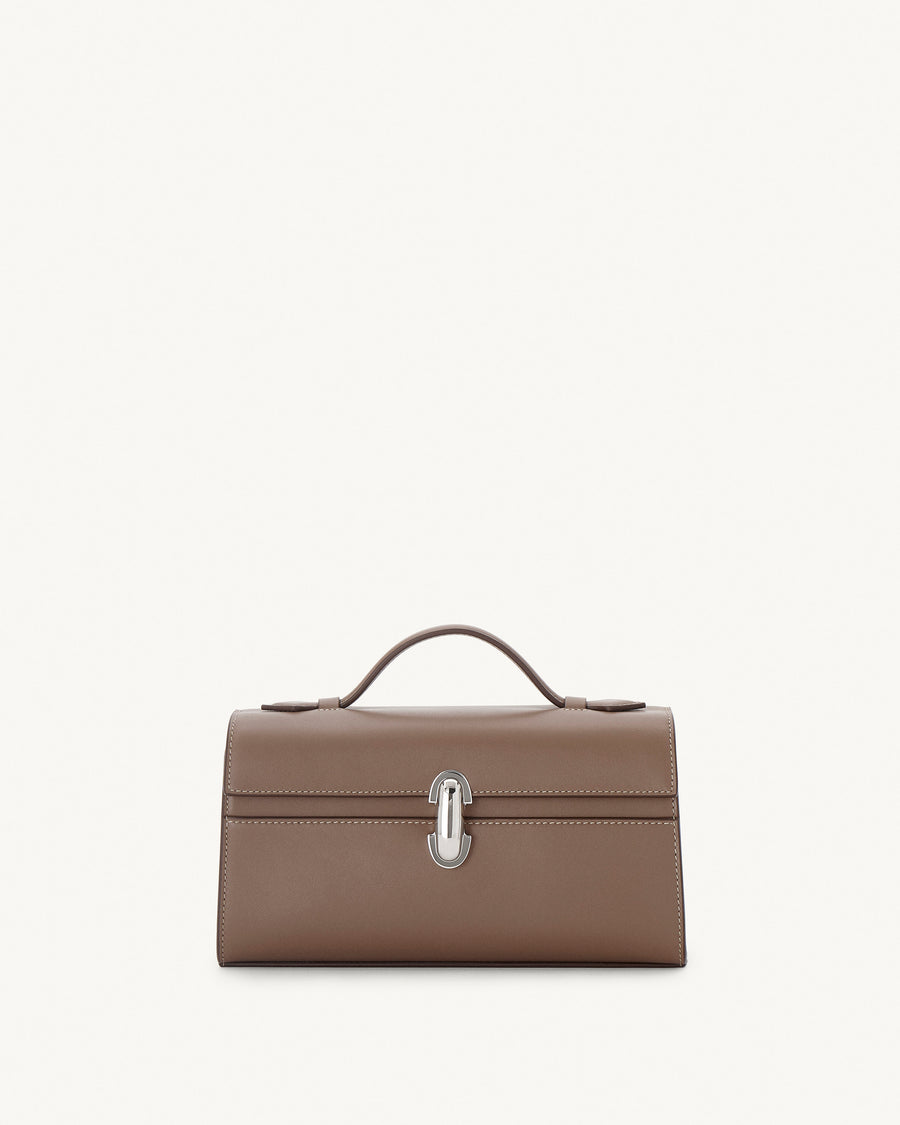 front view of a taupe brown bag with silver clasp on a white background