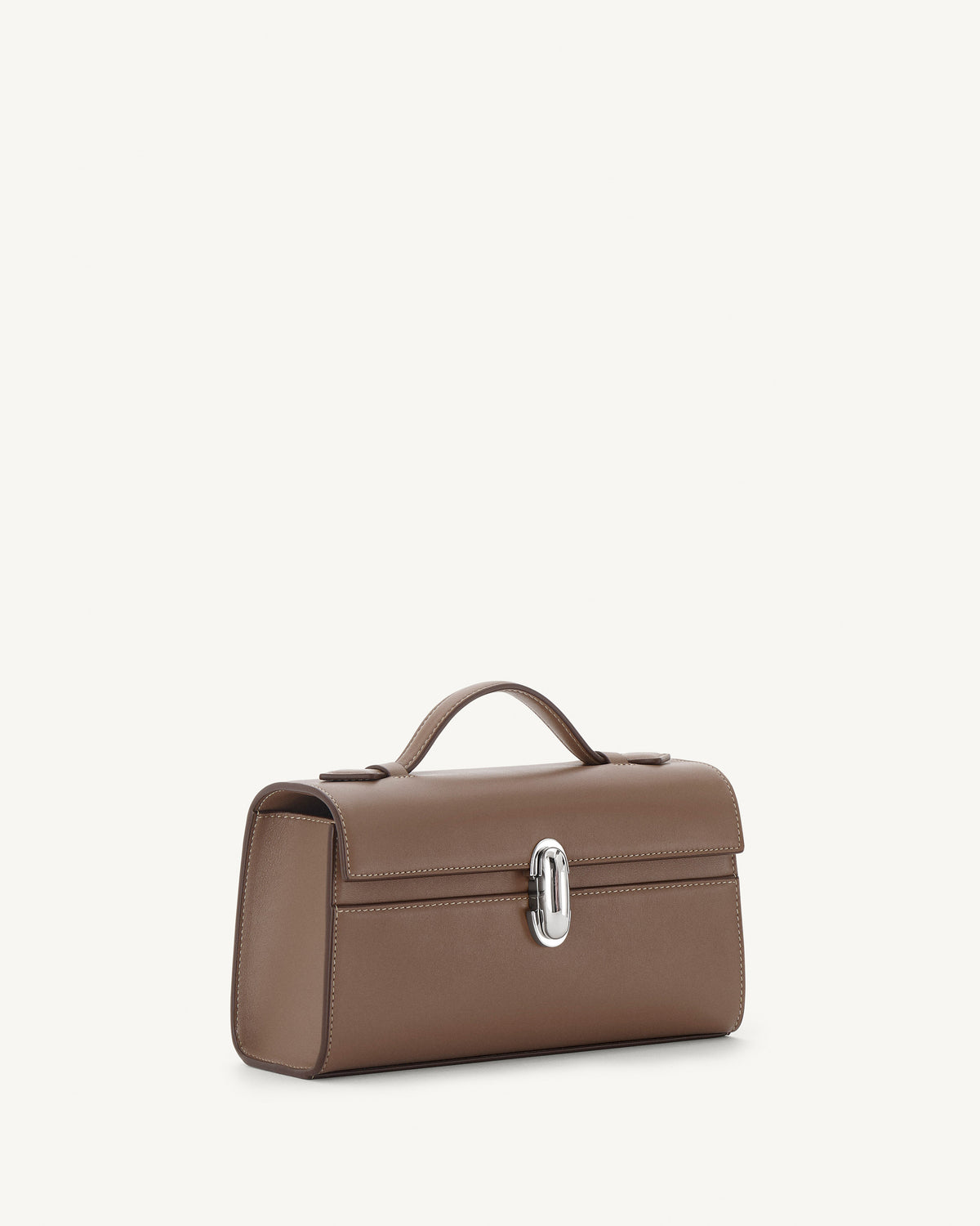 side view of a taupe brown bag with silver clasp on a white background