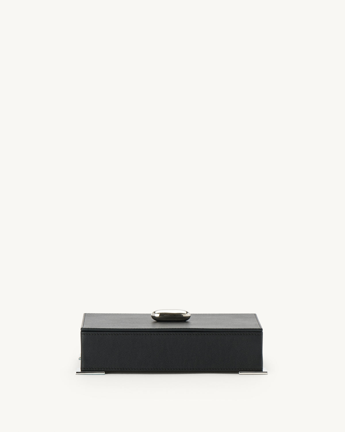 front view of a an ebony black leather box with silver hardware  on a white background