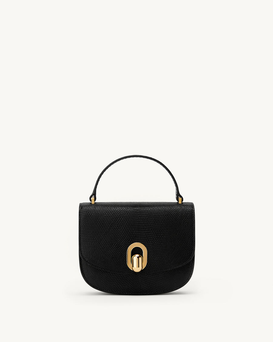 front view of the Mini Tondo handbag in Black lizard