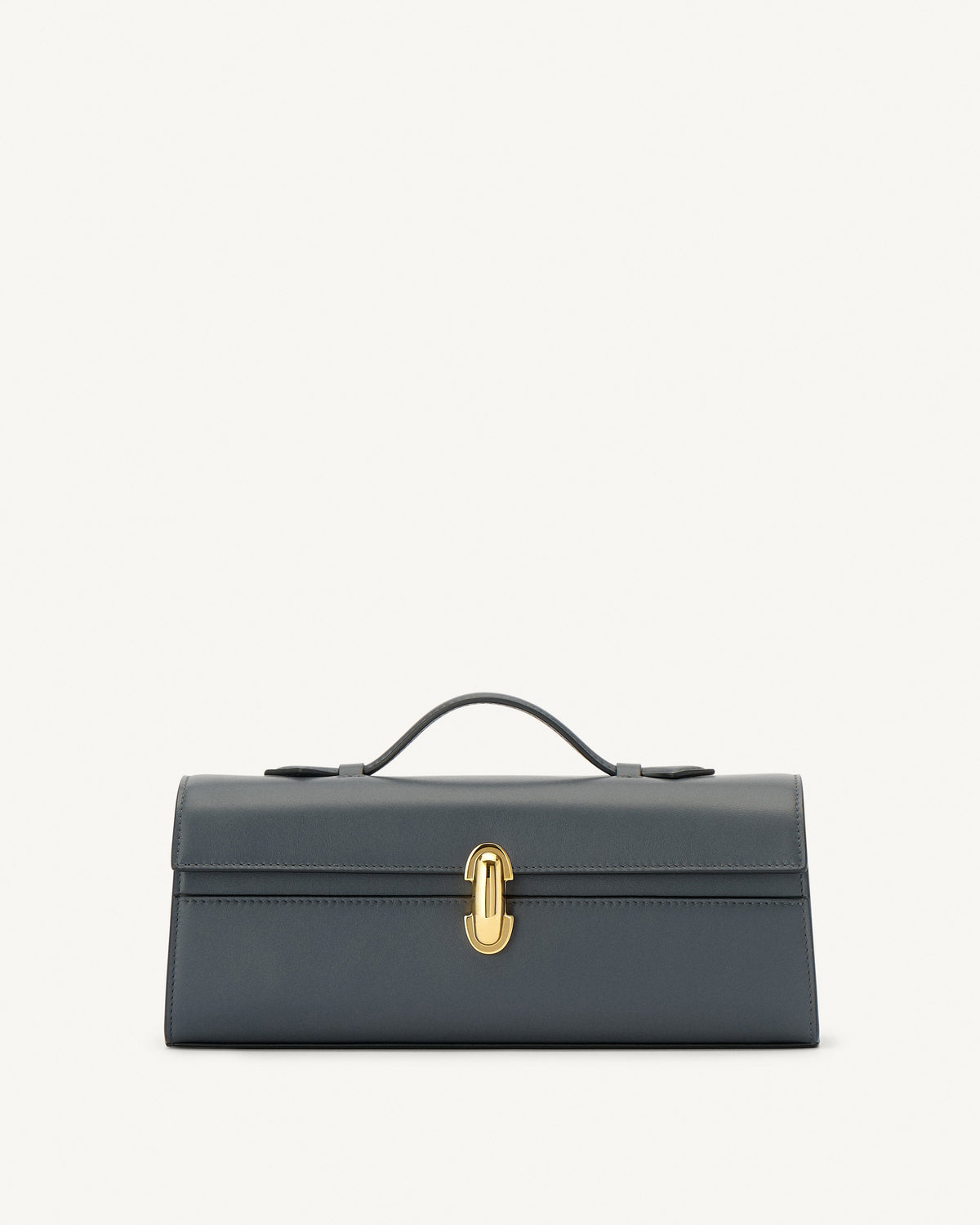 front view of a storm blue leather bag with a gold clasp on a white background