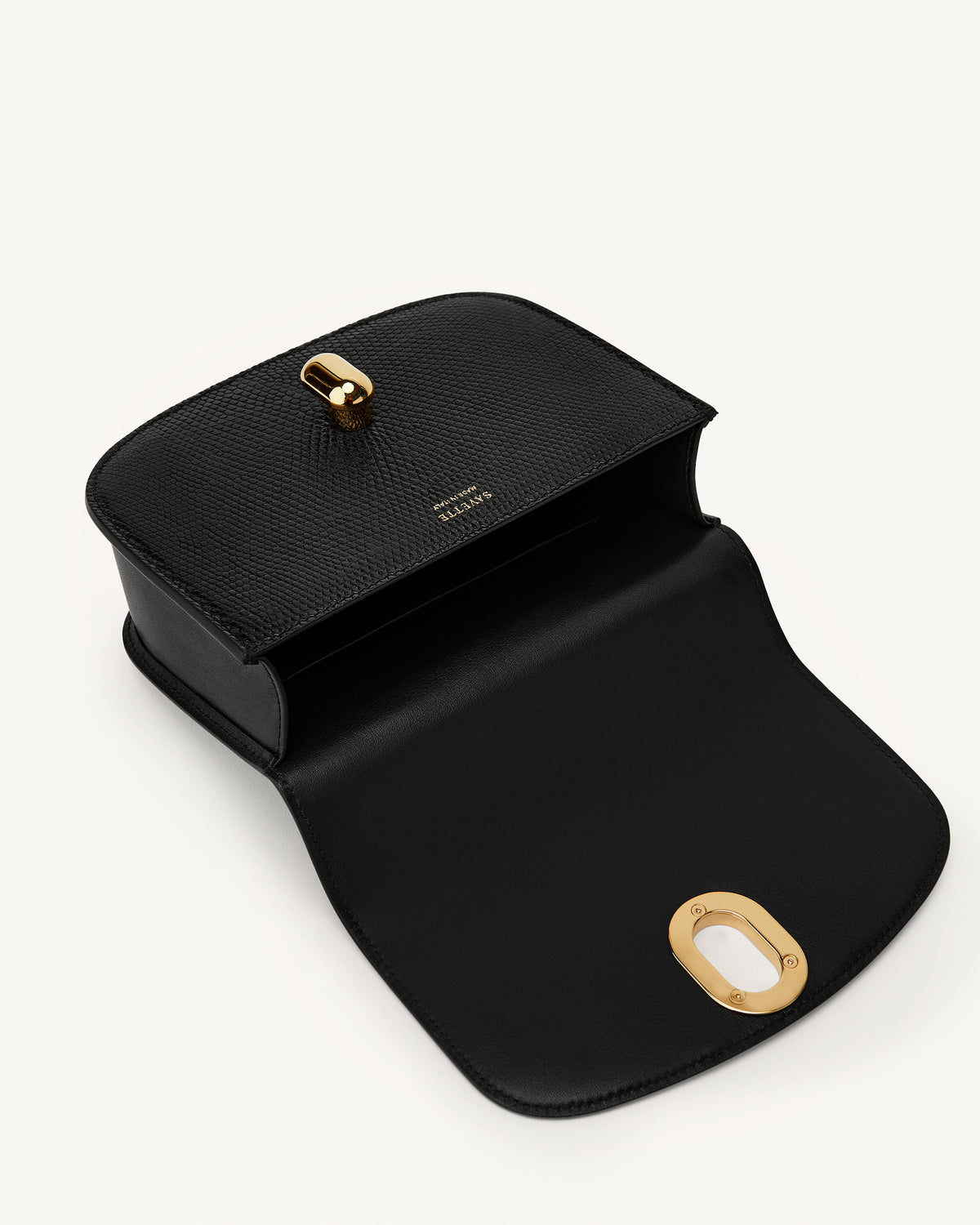 inside view of the Mini Tondo handbag in Black lizard