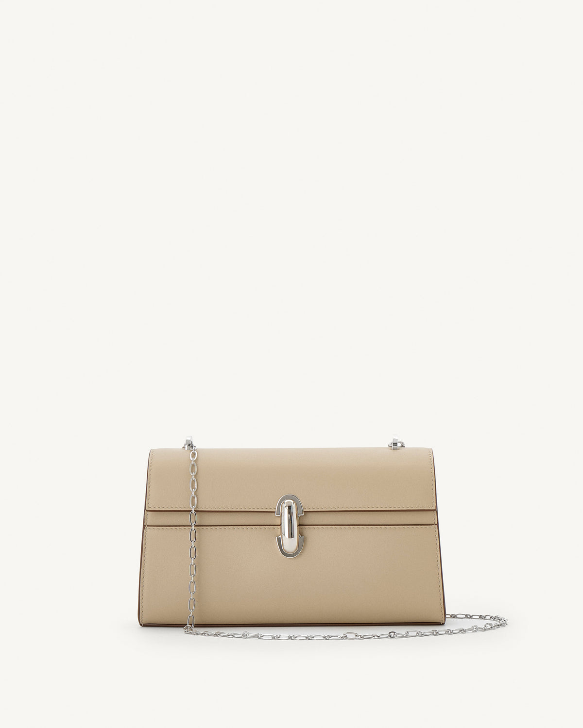 front view of bone beige bag with silver clasp and silver chain on a white background