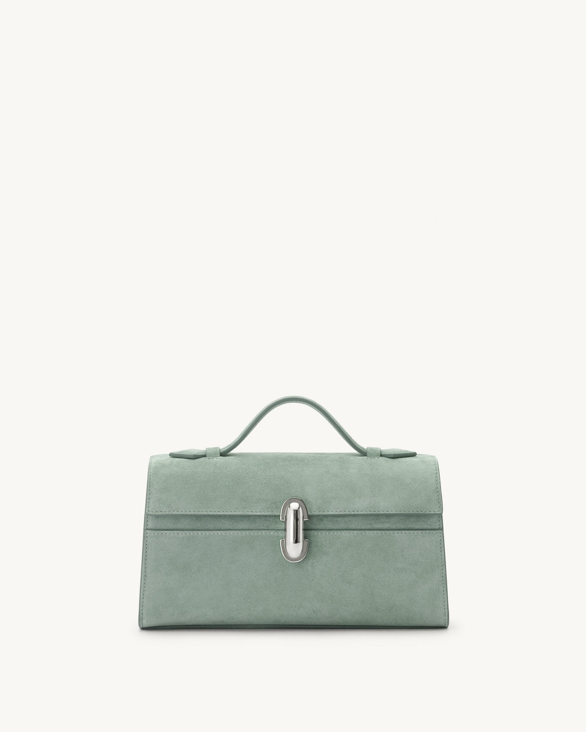 front view of mist green suede bag with silver clasp on a white background