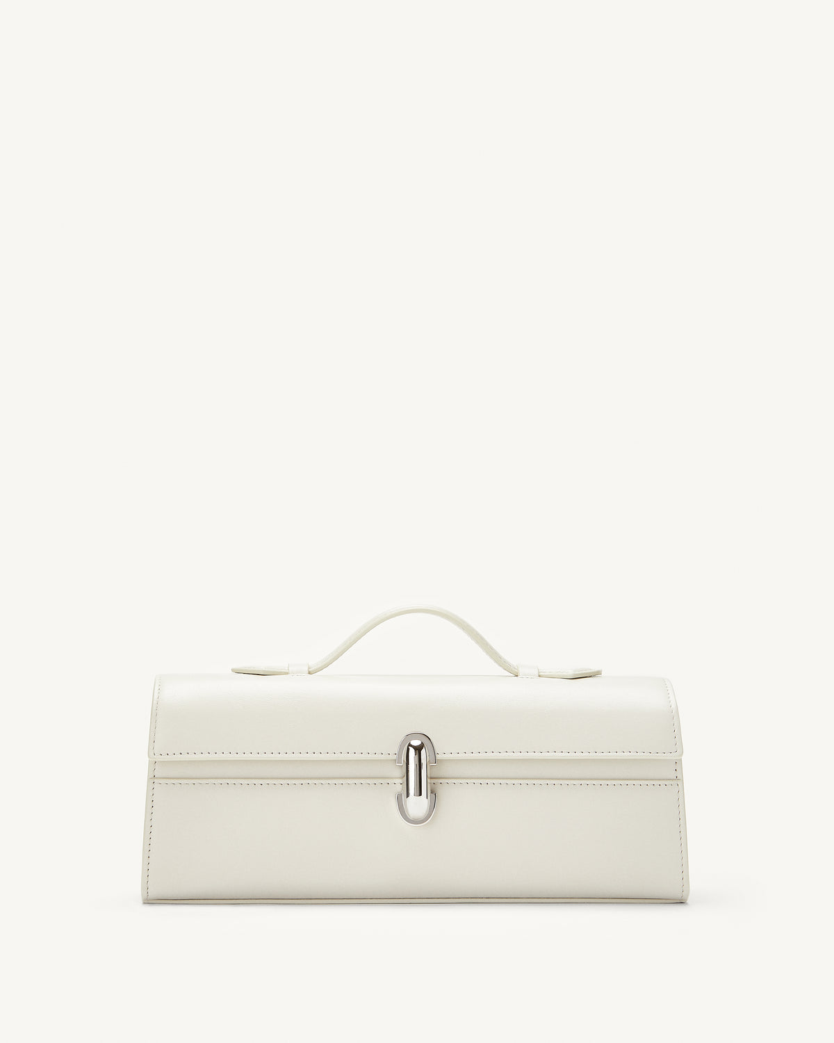 front view of ivory bag with silver clasp on a white background