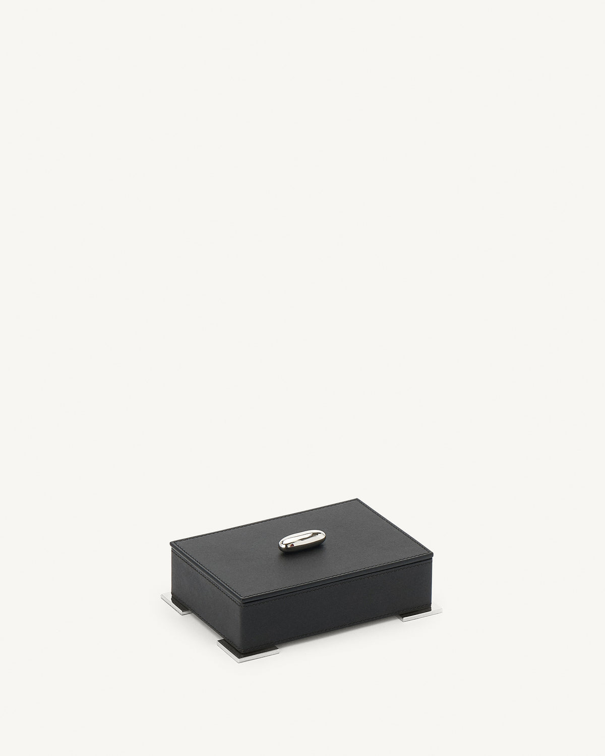 side view of an ebony black leather box with silver metal hardware on a white background