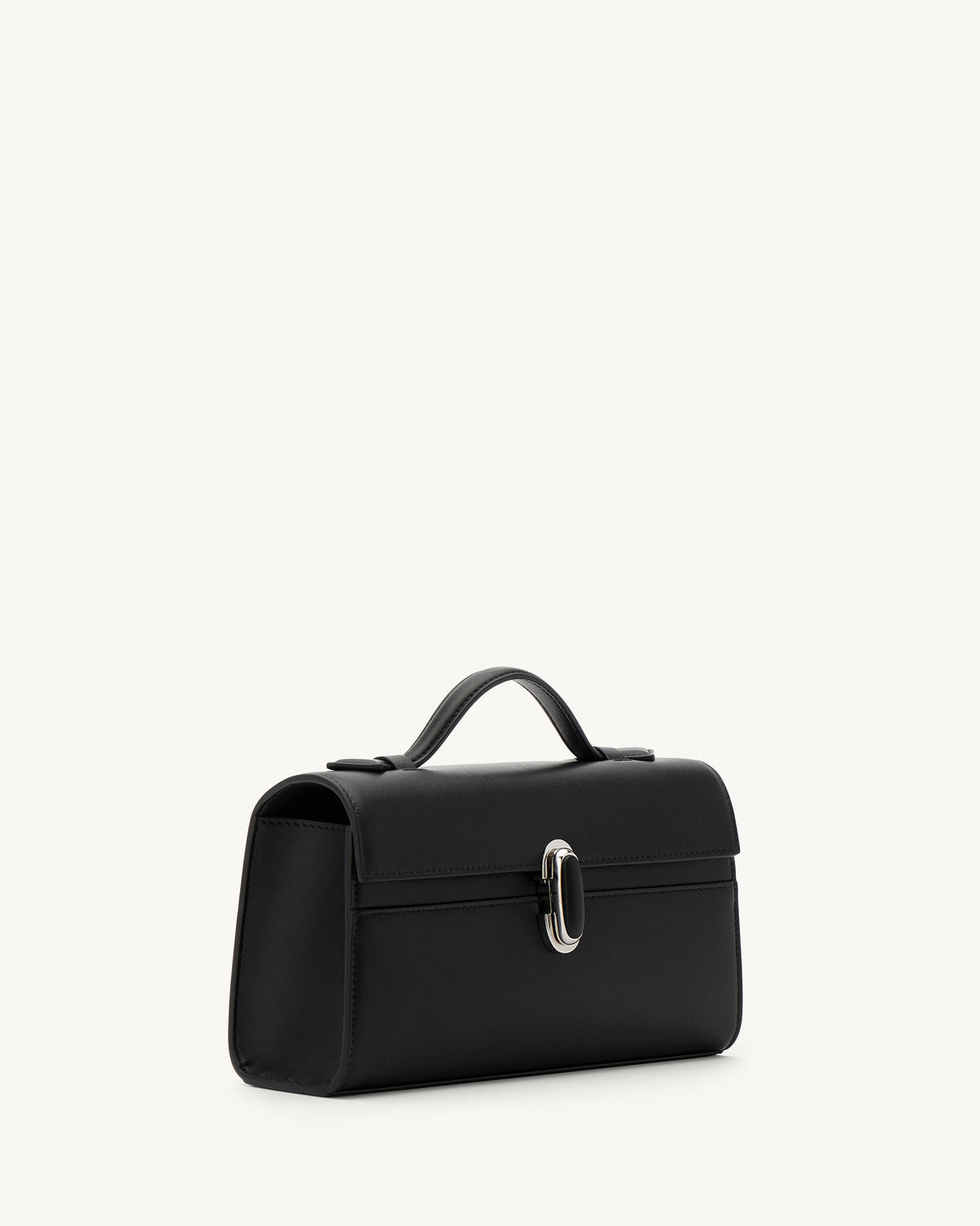 side view of a black leather top handle bag with a black leather covered silver clasp on a white background