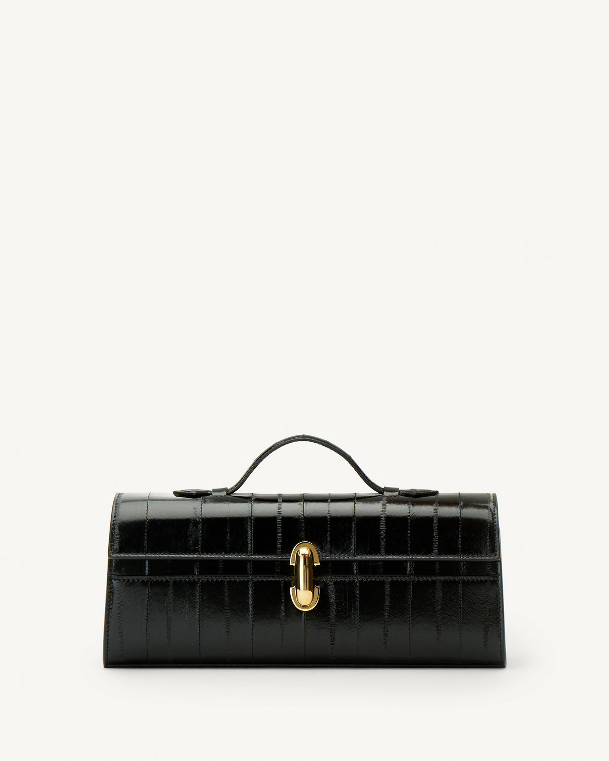 front view of a black eel bag with a gold clasp on a white background