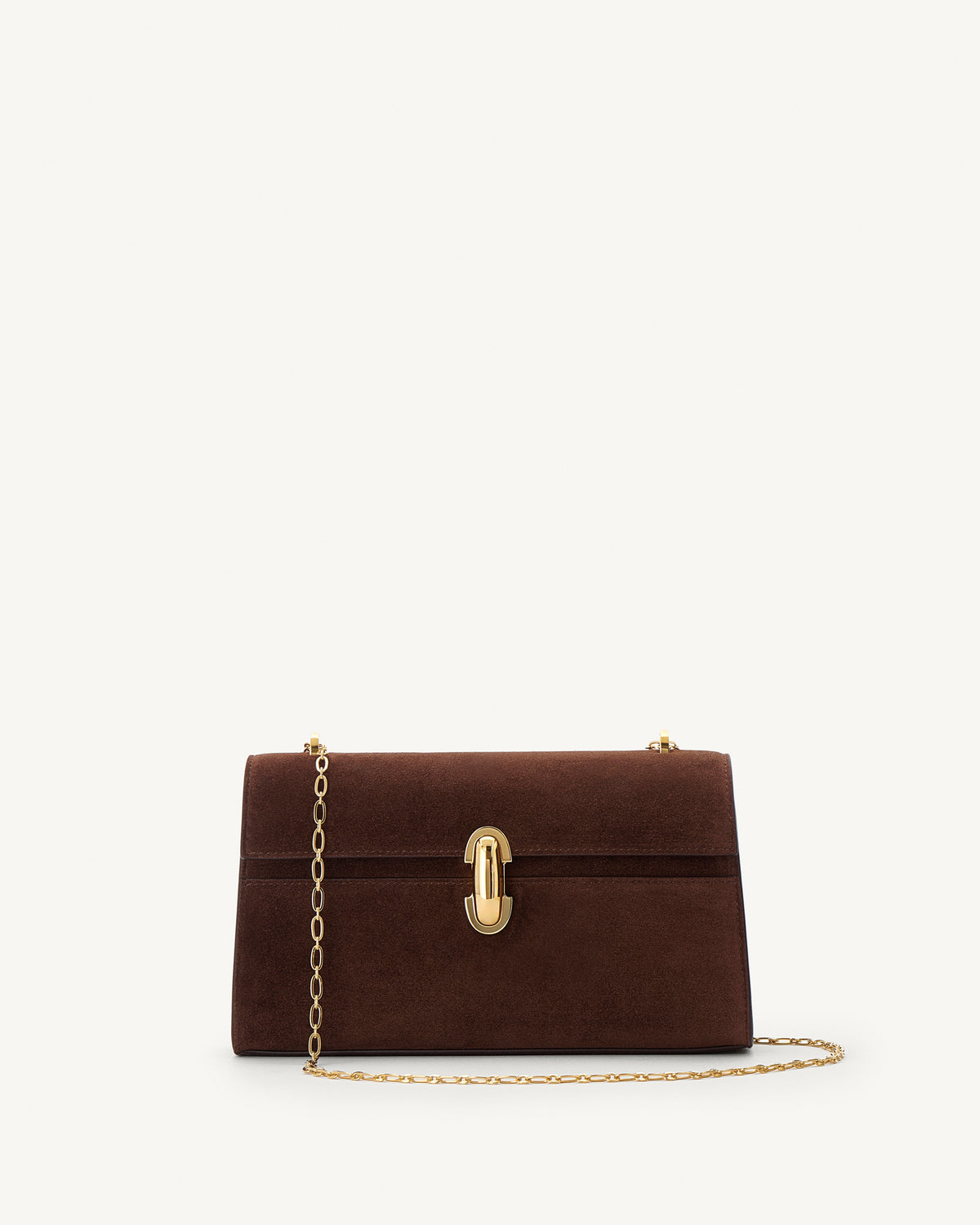 front view of espresso brown suede bag with gold clasp and gold chain on a white background