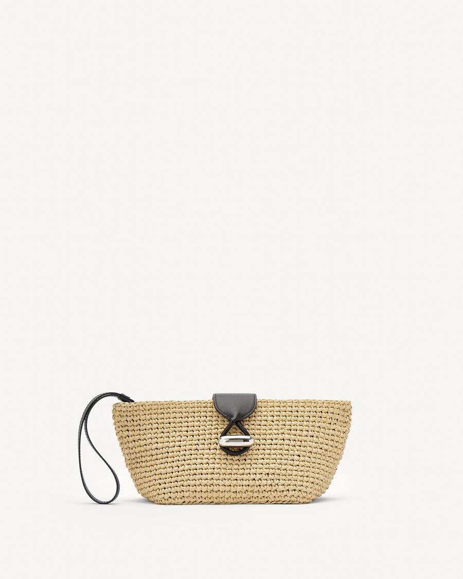 Front view of raffia pouch with black straps and silver hardware