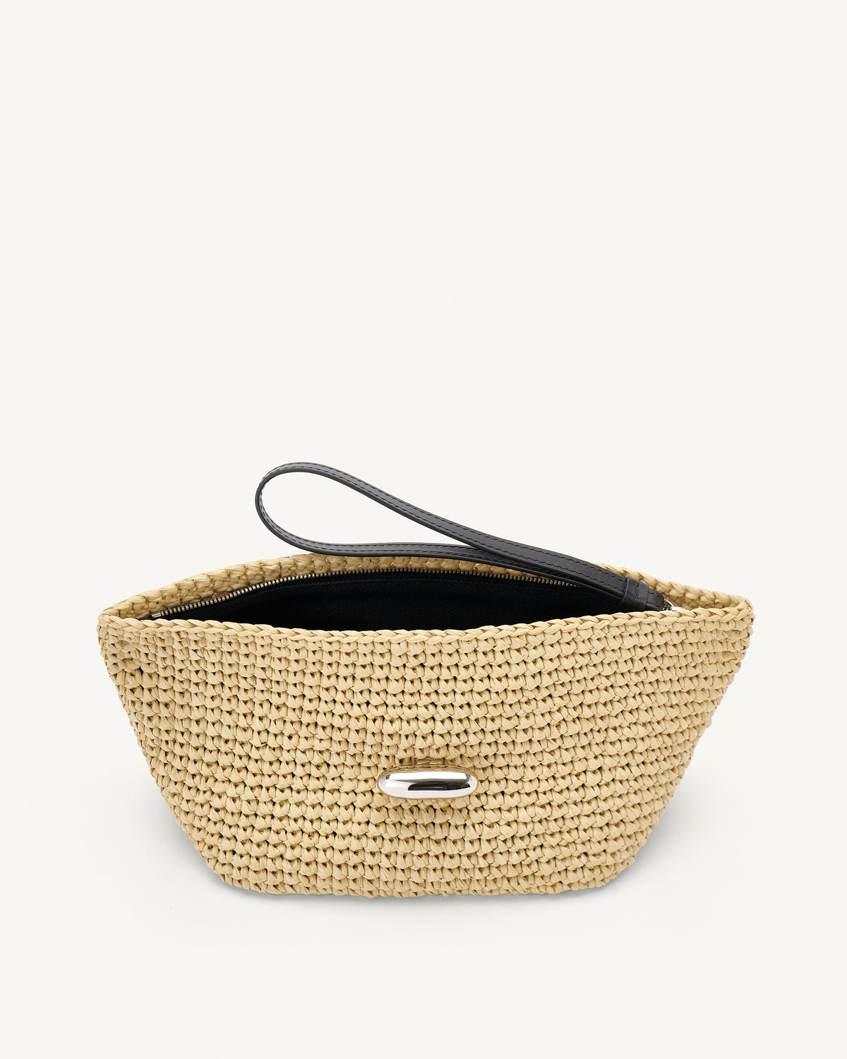 Inside view of raffia pouch with black straps and silver hardware