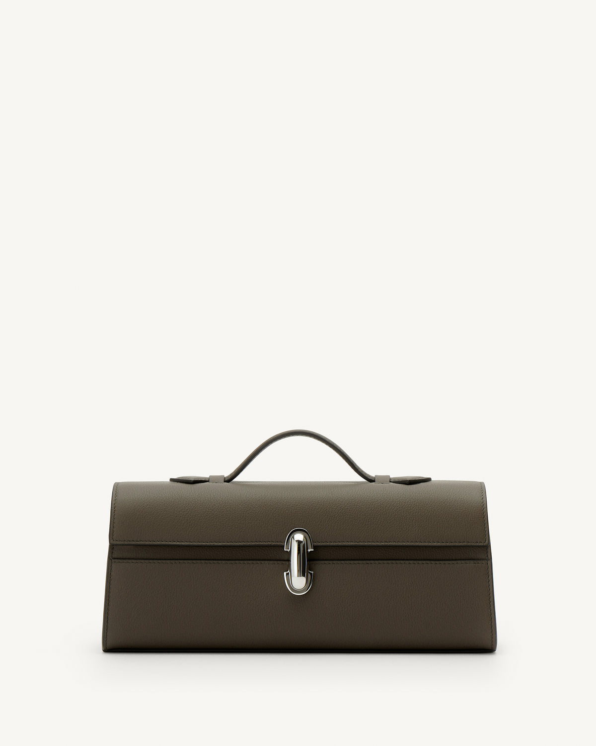 Front view of mink leather bag with a silver clasp on a white background