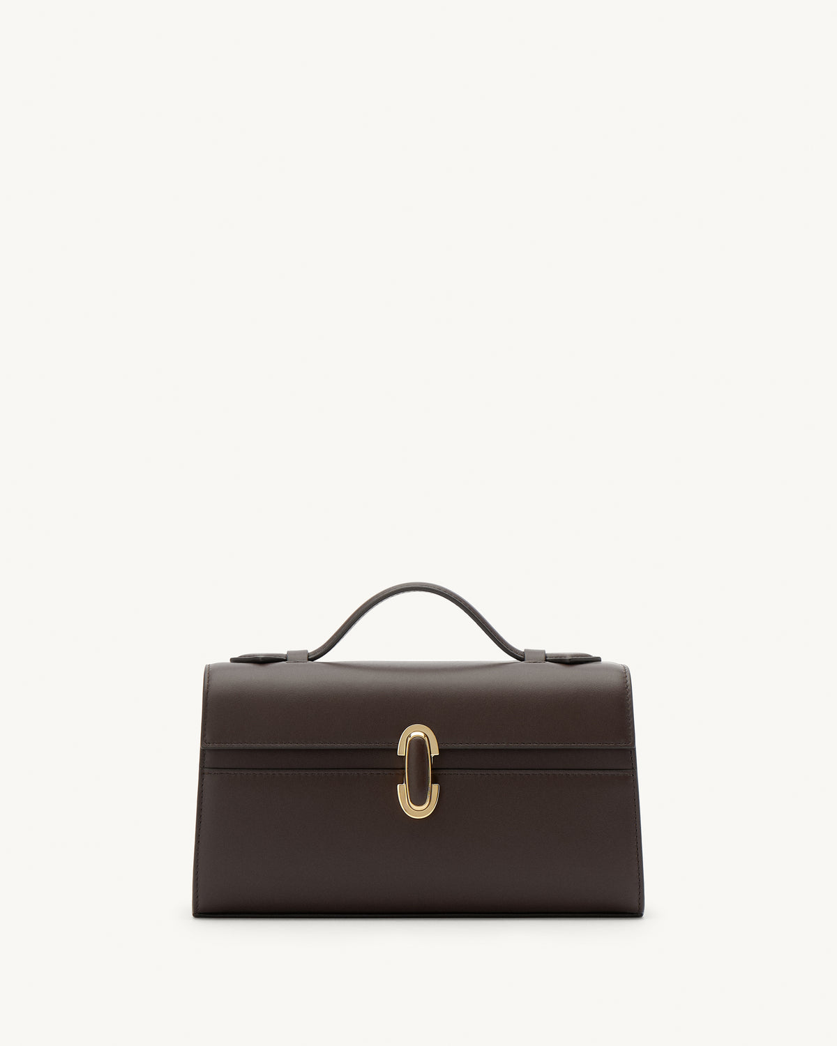 front view of a coffee brown leather top handle bag with a coffee brown leather covered gold clasp on a white background