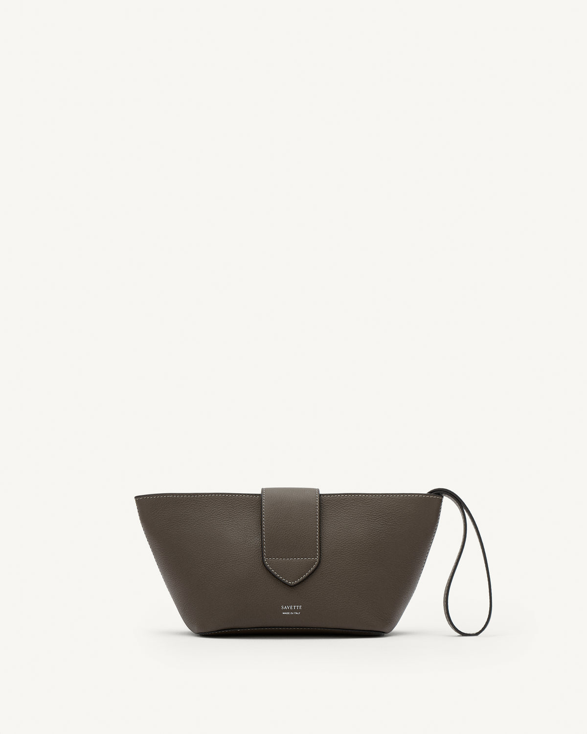 Back view of mink leather pouch with silver hardware