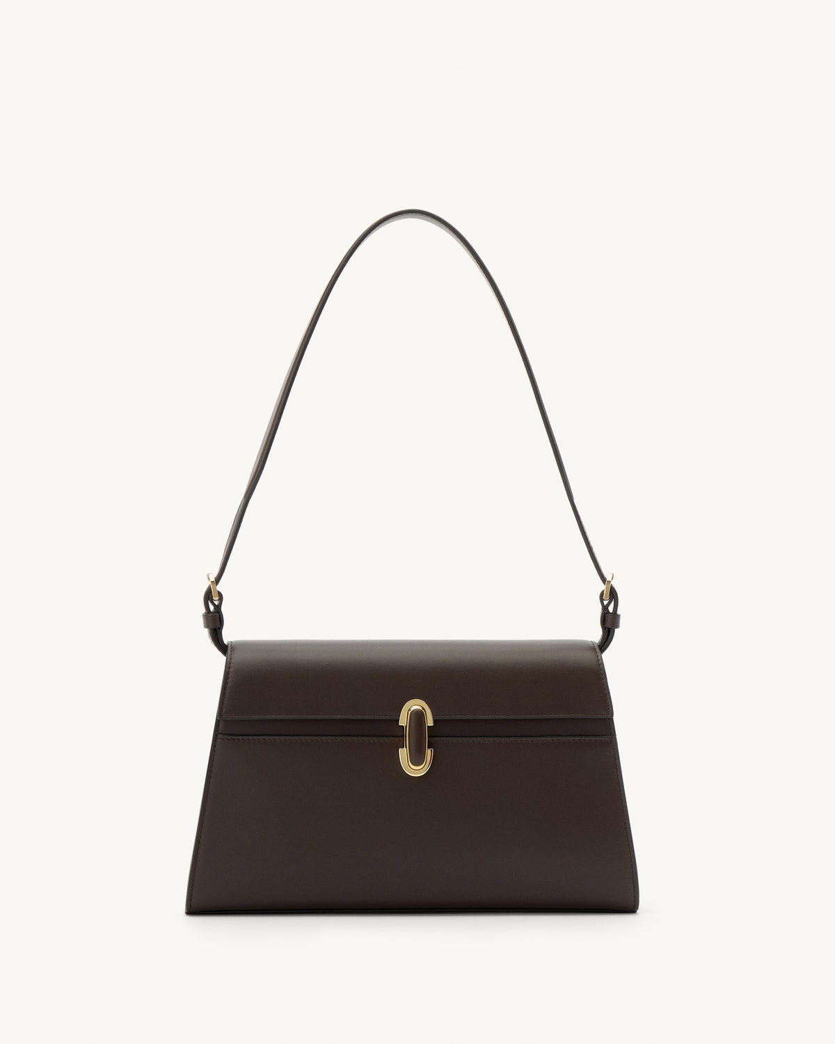 front view of a coffee brown leather shoulder bag with a leather covered gold clasp on a white background 