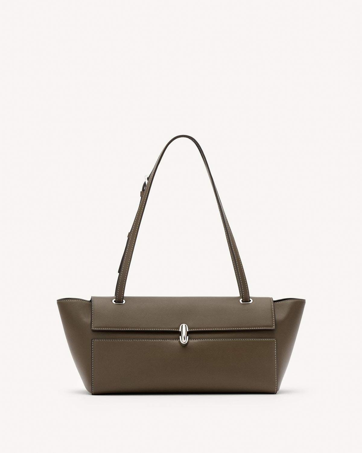front view of a mink brown leather bag with a silver clasp on a white background