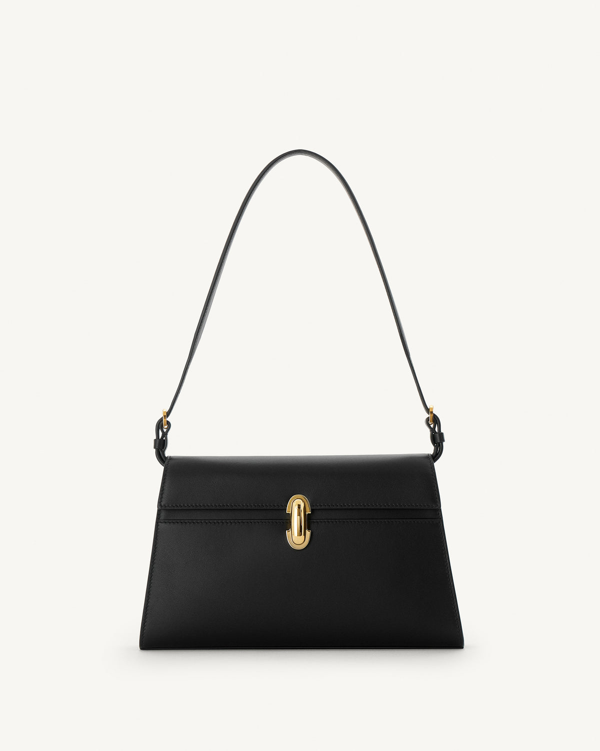 front view of black bag with gold clasp on a white background