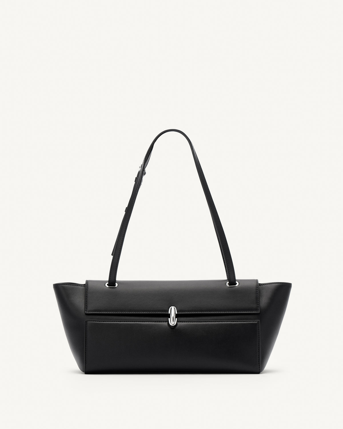 front view of a black leather bag with a silver clasp on a white background