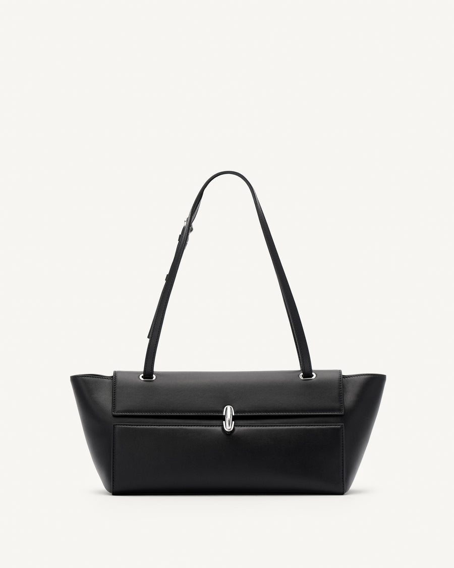 front view of a black leather bag with a silver clasp on a white background