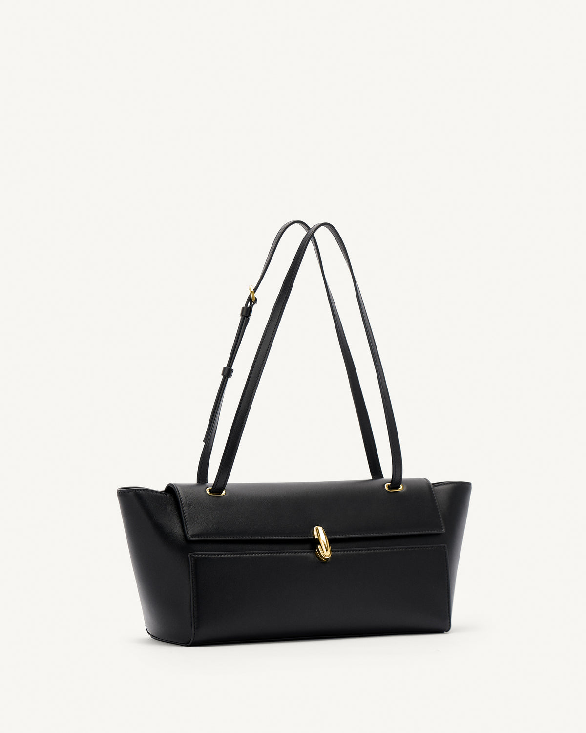 side view of a black leather bag with a gold clasp on a white background 
