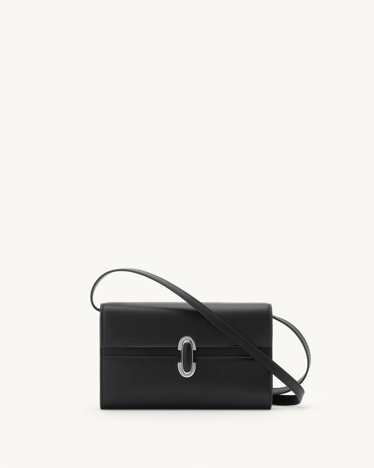 front view of a black leather handbag with a black leather covered silver clasp on a white background 