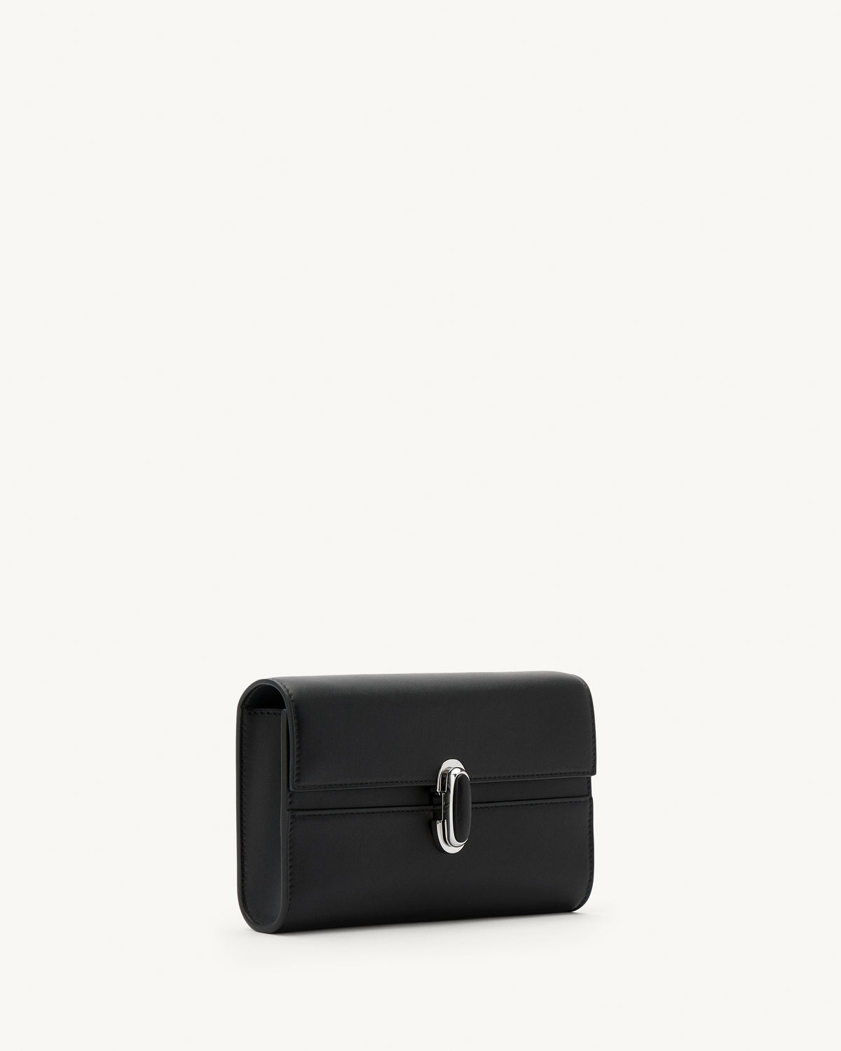 side view of a black leather handbag with a black leather covered silver clasp on a white background 