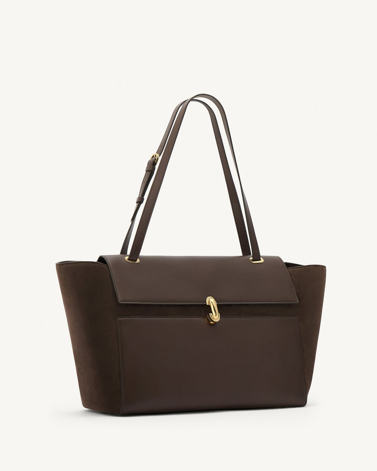 side view of a coffee brown smooth and suede leather tote bag with a gold clasp on a white background 