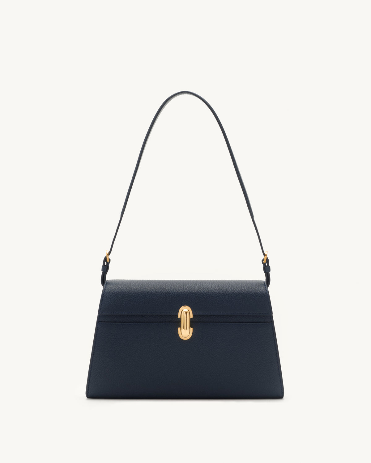front view of navy blue bag with gold clasp on a white background