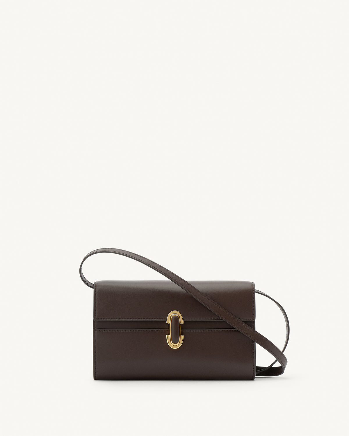front view of a coffee brown leather bag with a coffee brown leather covered gold clasp on a white background