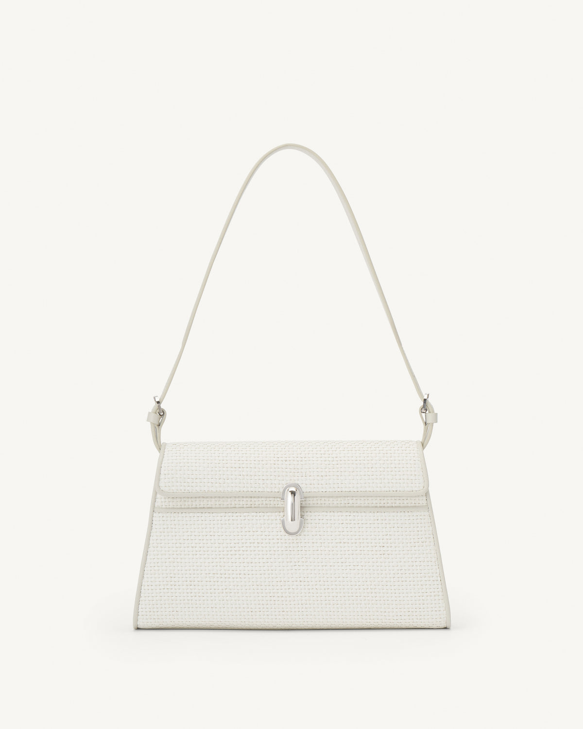 front view of a white raffia bag with leather trim and silver clasp on a white background