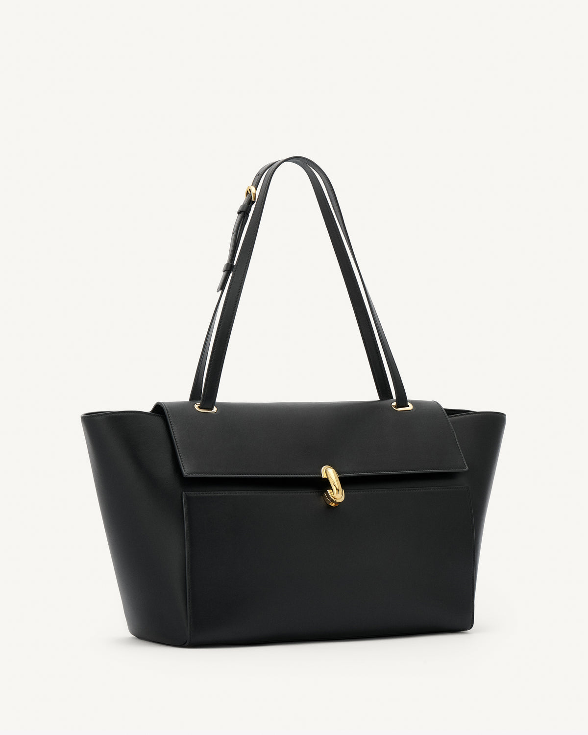 side view of a black leather tote bag with a gold clasp on a white background 
