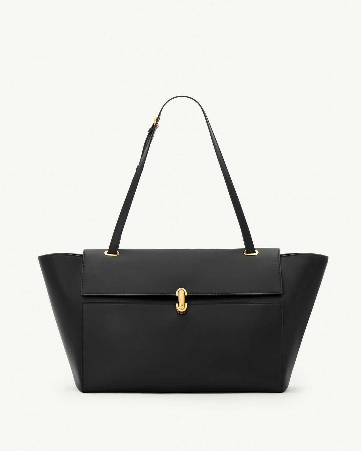 front view of a black leather tote bag with a gold clasp on a white background 