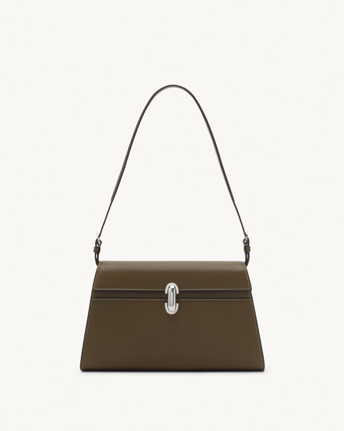front view of mink brown bag with silver clasp on a white background