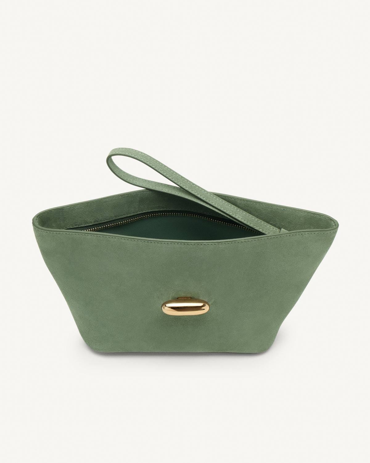 Inside view of cactus suede pouch with gold hardware