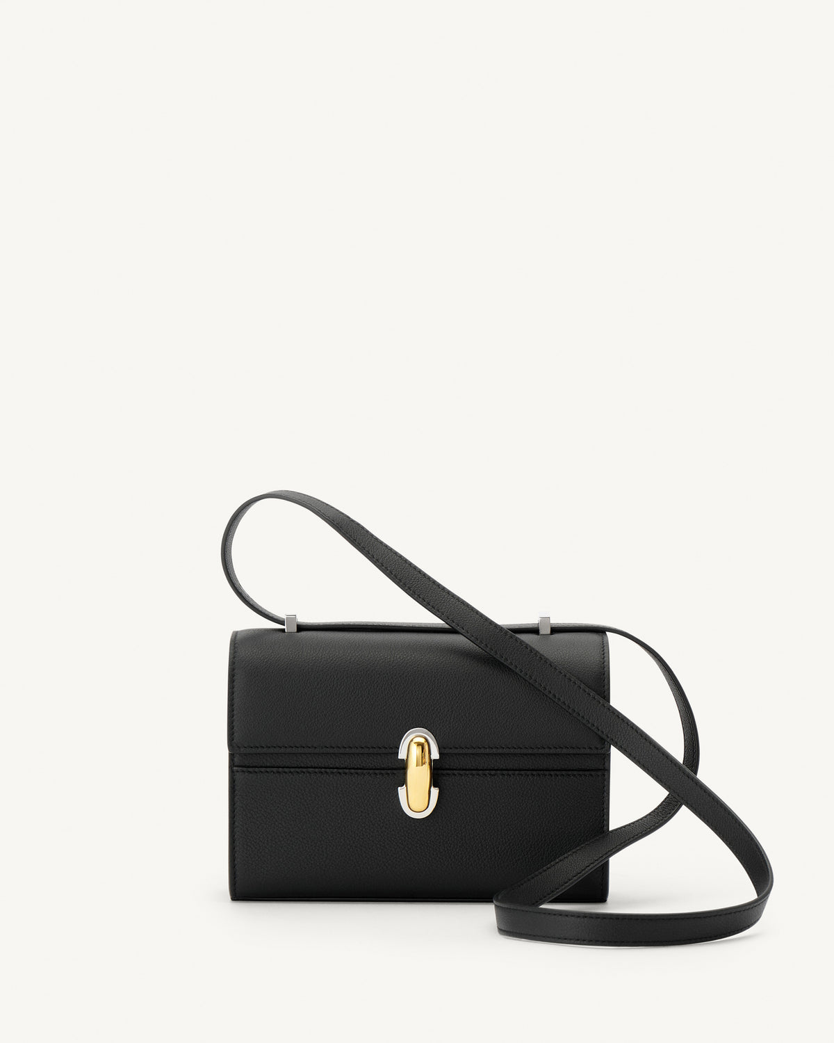 front view of a black leather bag with a silver and gold clasp on a white background