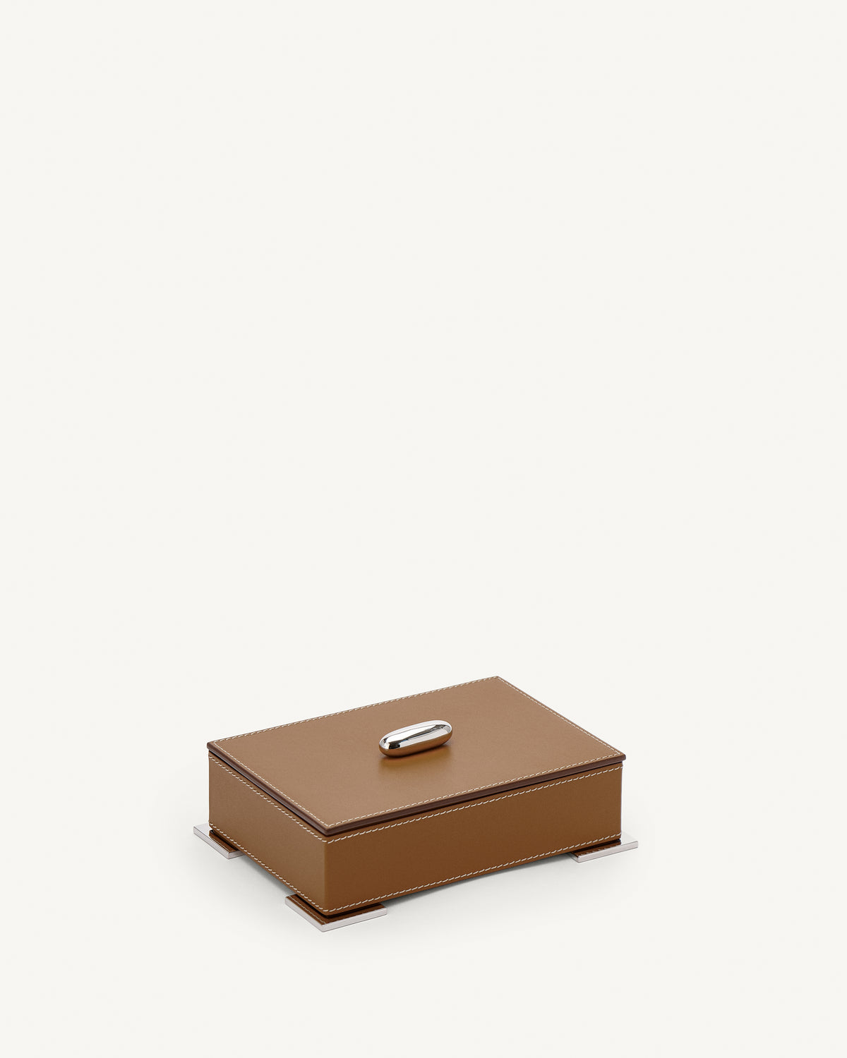 side view of a saddle brown leather box with silver hardware on a white background