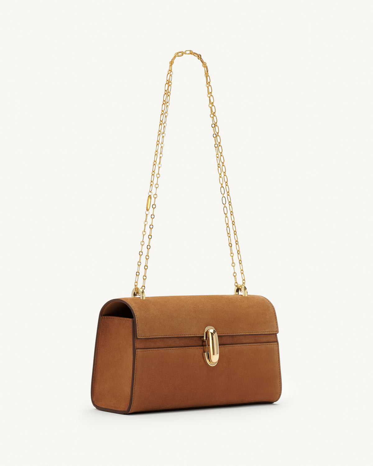 Side view of saddle suede leather crossbody with gold chain and hardware