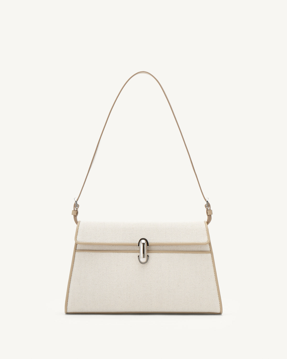 Front view of white canvas shoulder handbag with a silver chain strap on a white background