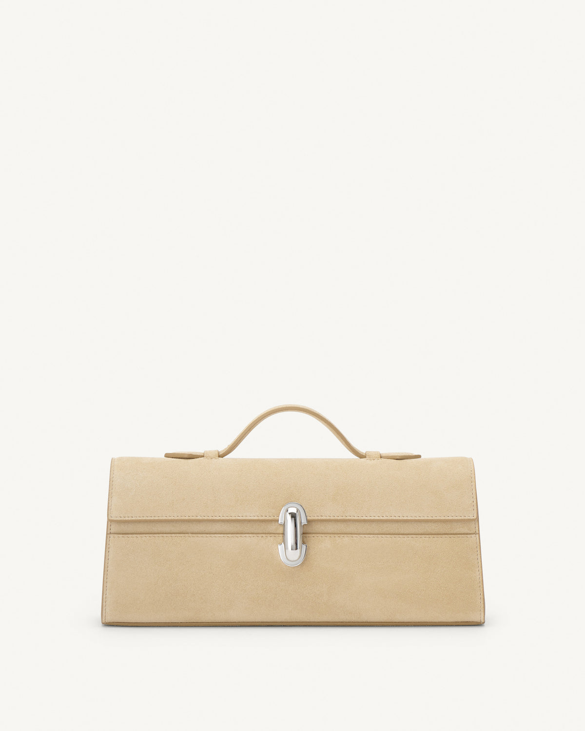 front view of flax beige suede bag with silver clasp on a white background