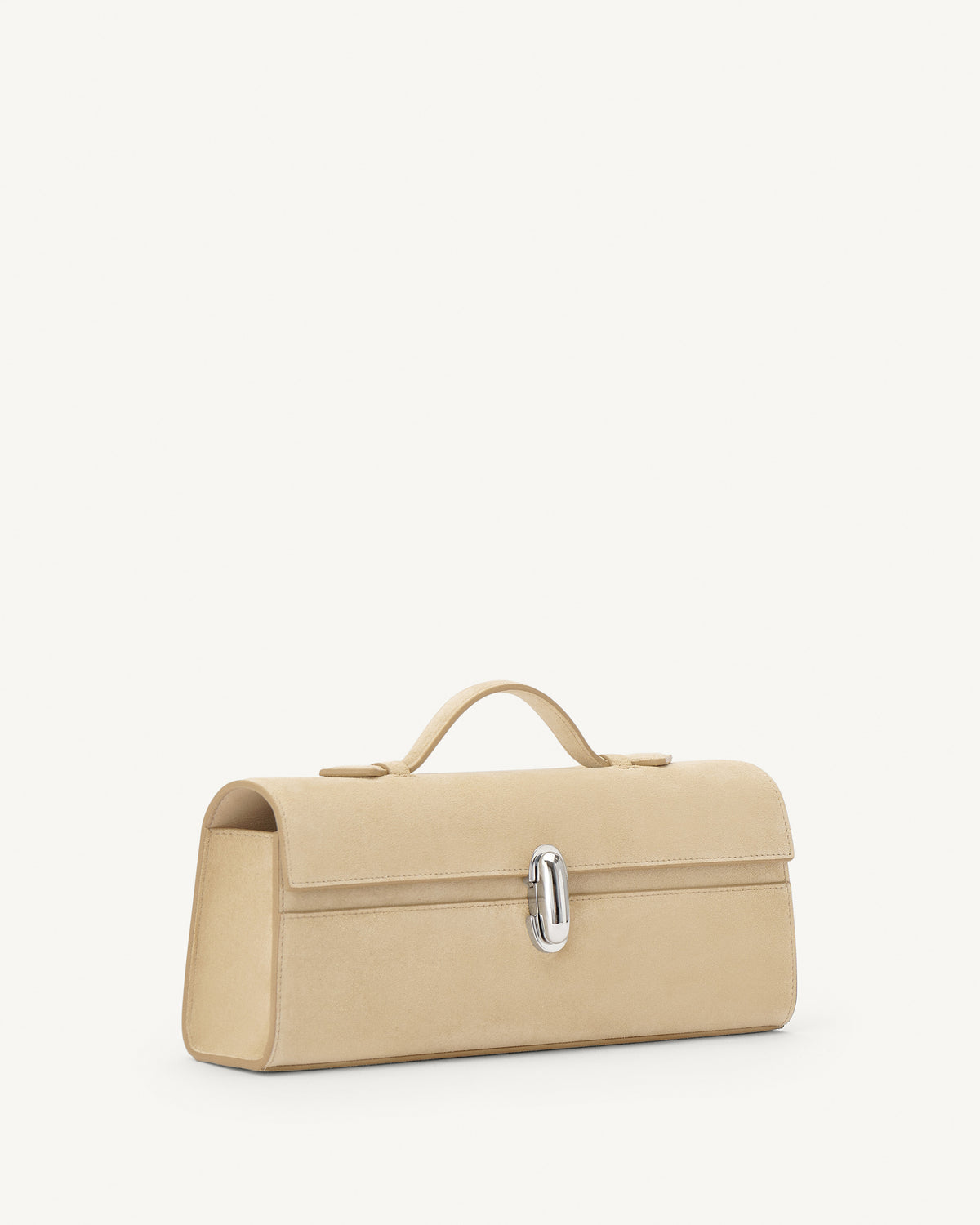 side view of flax beige suede bag with silver clasp on a white background