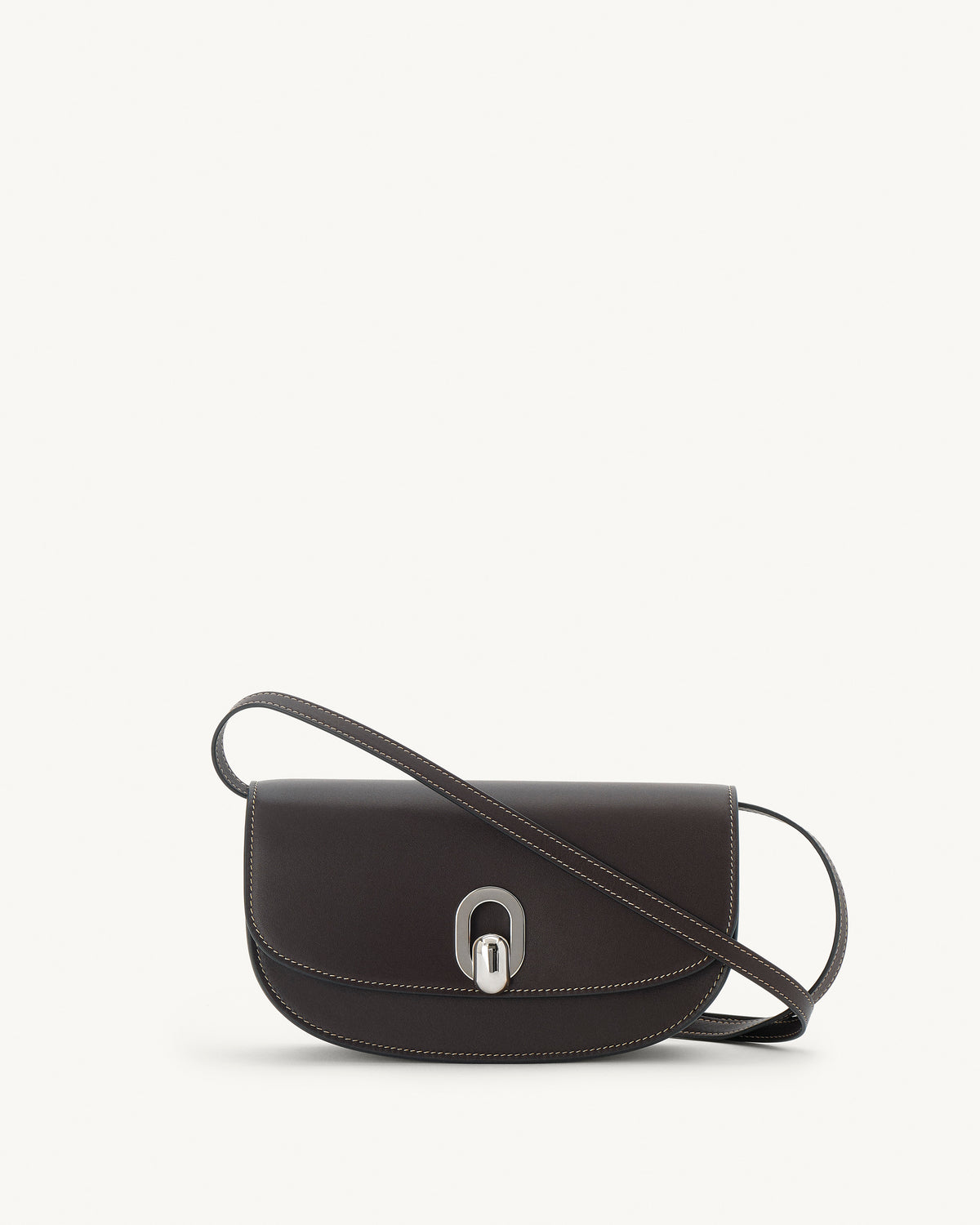 front view of a currant brown bag with silver clasp on a white background