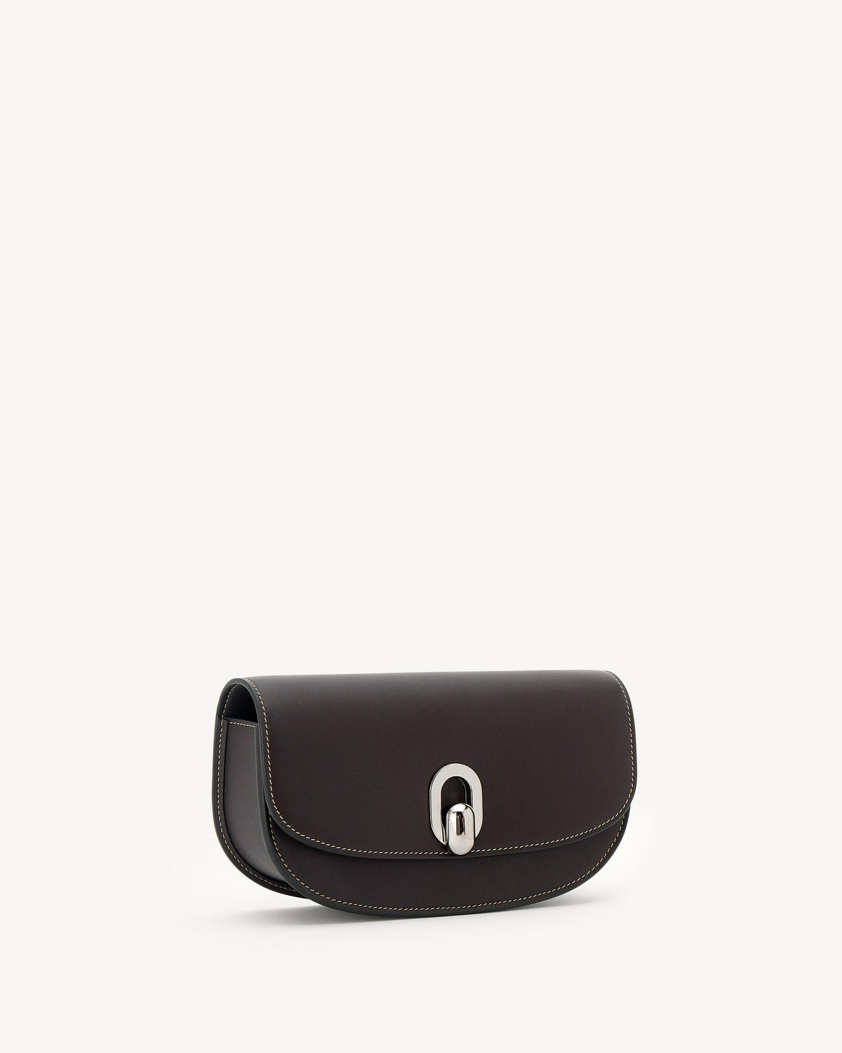 side view of a currant brown bag with silver clasp on a white background