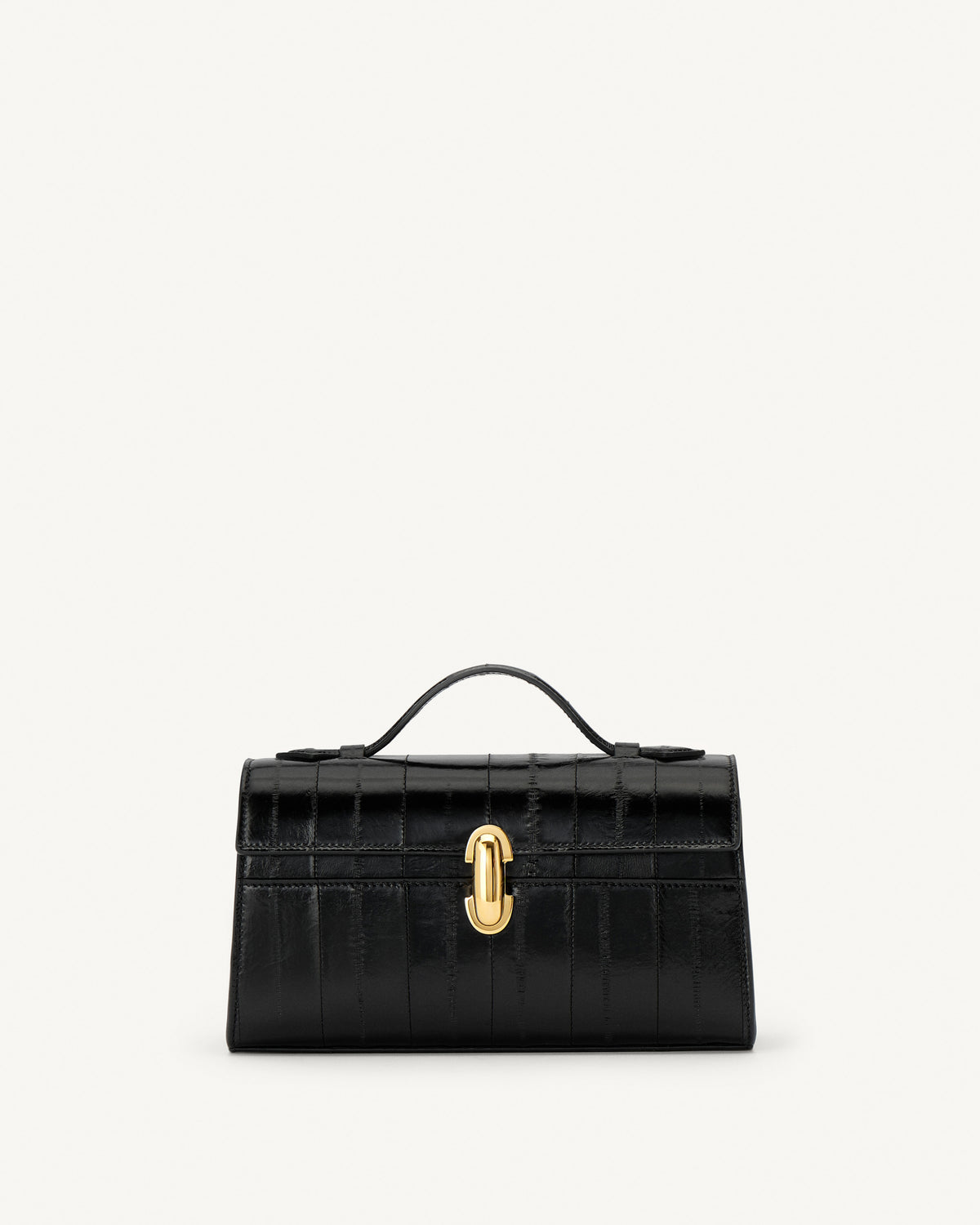 front view of a black eel bag with a gold clasp on a white background