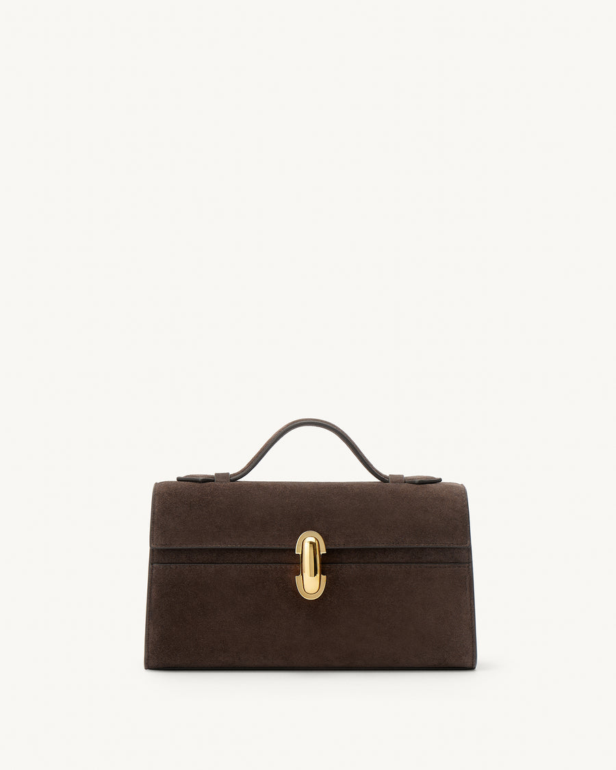 front view of a coffee brown suede top handle bag with a gold clasp on a white background