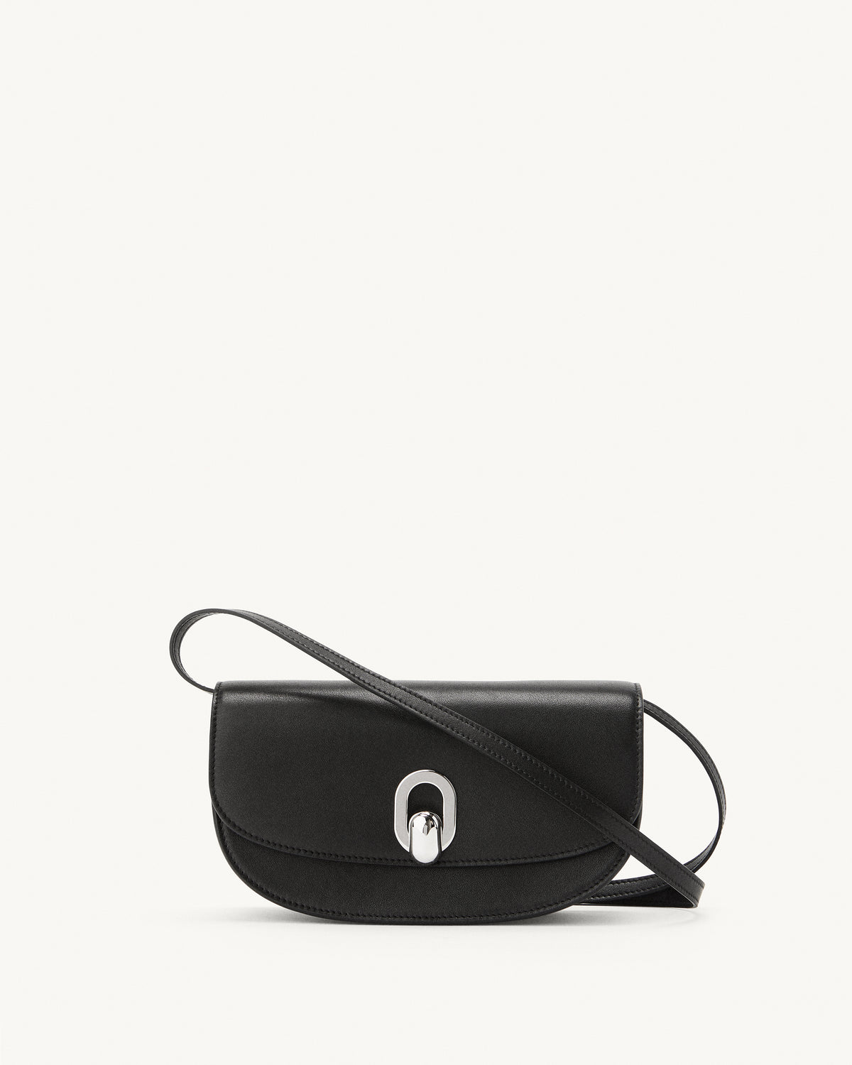 front view of a black bag with a silver clasp on a white background