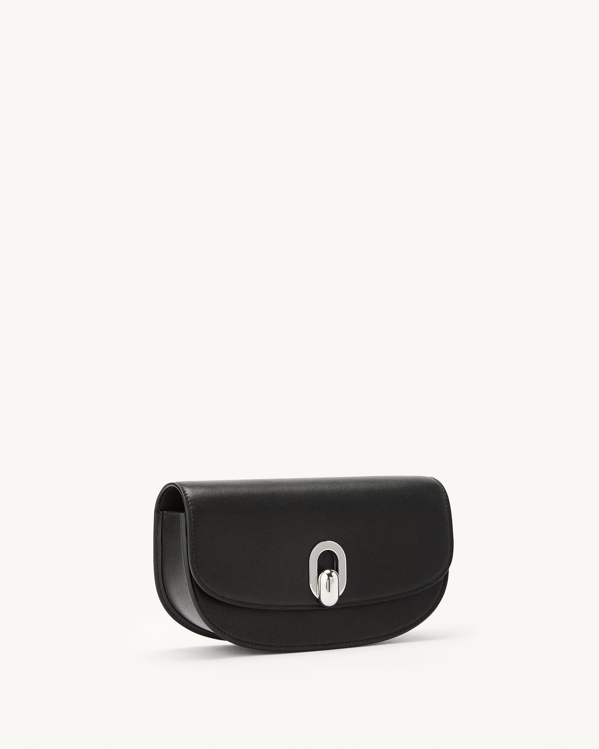 side view of a black bag with a silver clasp on a white background