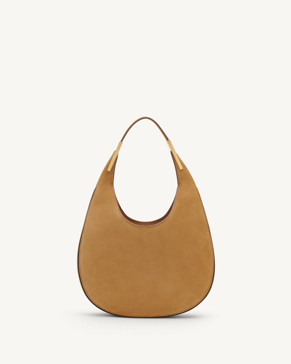 Front view of saddle suede small tote bag with gold hardware on a white background